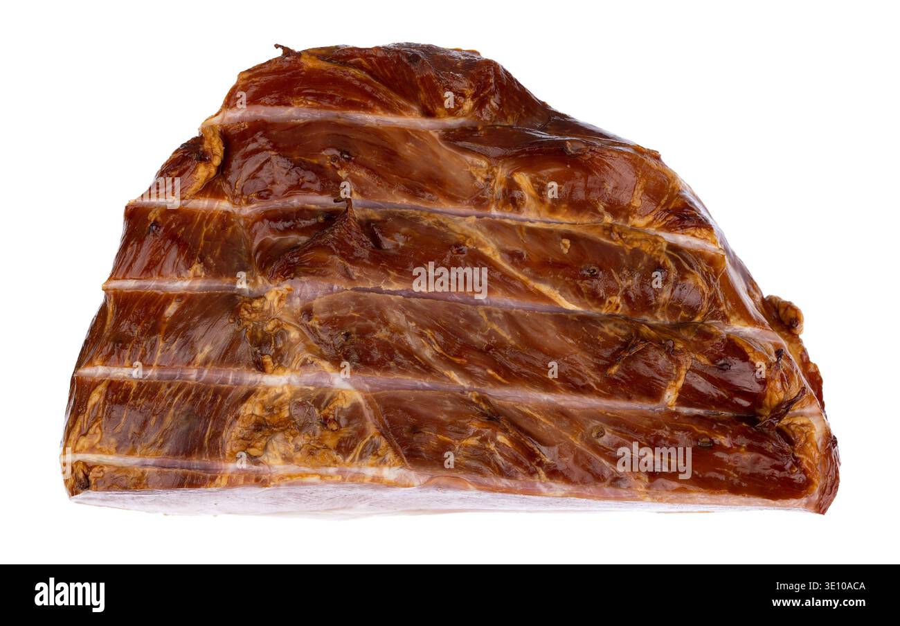 Vue aérienne d'un jambon parfaitement cuit sur un fond blanc. Banque D'Images