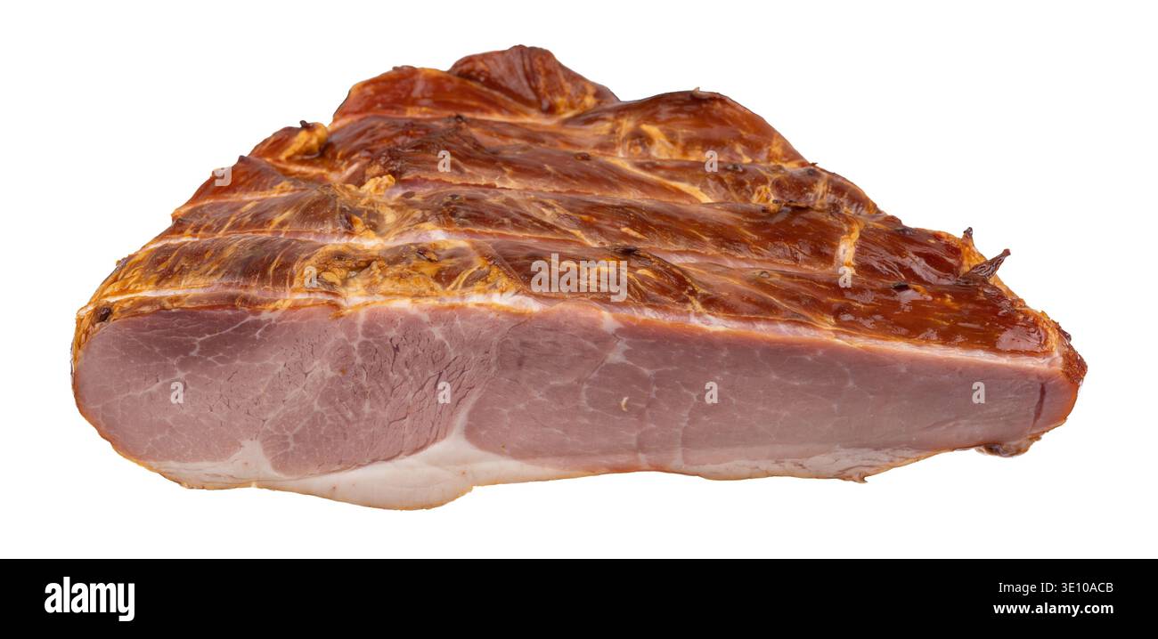 Vue de côté d'un jambon parfaitement cuit sur fond blanc. Banque D'Images