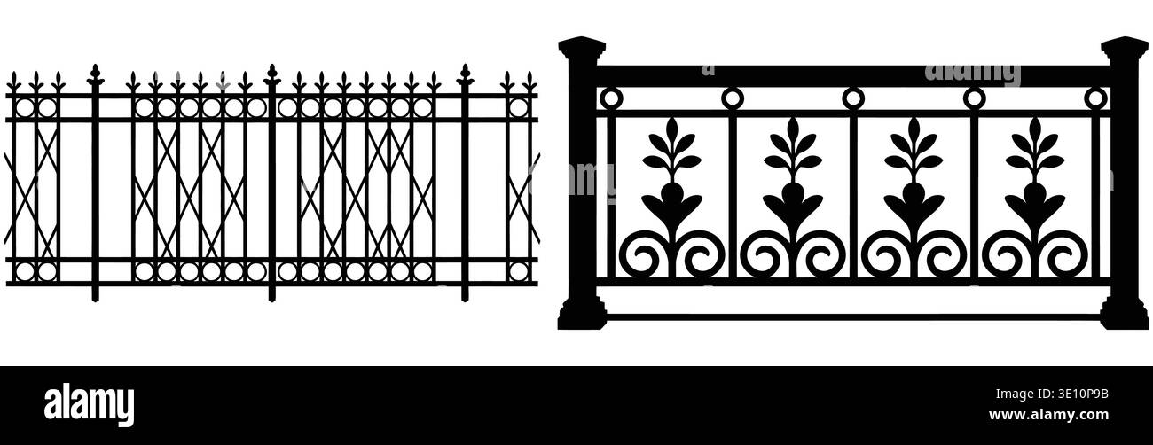 Collection de dessins ornés de balustrades en fer forgé Balcony en Silhouette sur fond blanc Illustration de Vecteur