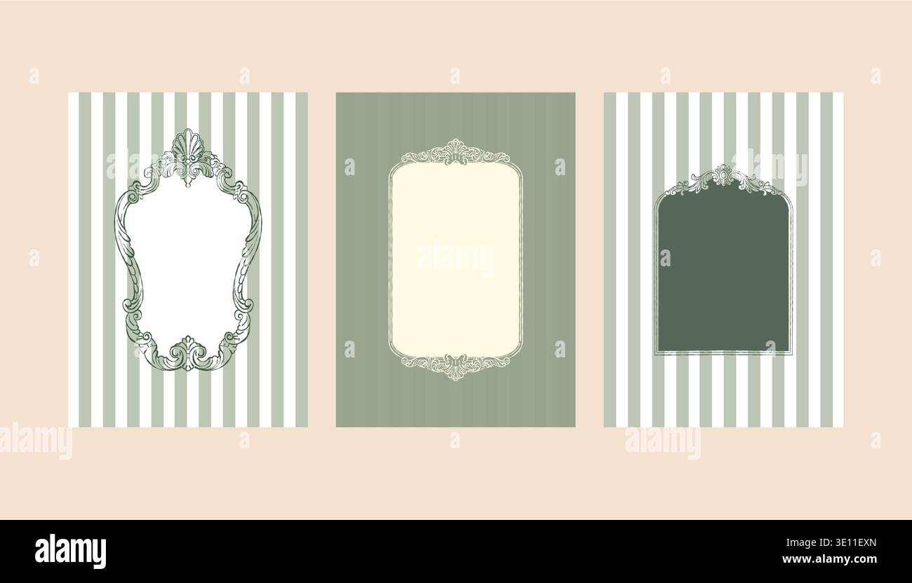 Ensemble vert vintage de modèles de cartes postales avec cadres baroques et rococo et espace pour le texte. Montures classiques avec des tourbillons dessinés à la main. Affiches fantaisistes rayées de style victorien pour les invitations et les cartes de mariage. Illustration vectorielle. Illustration de Vecteur