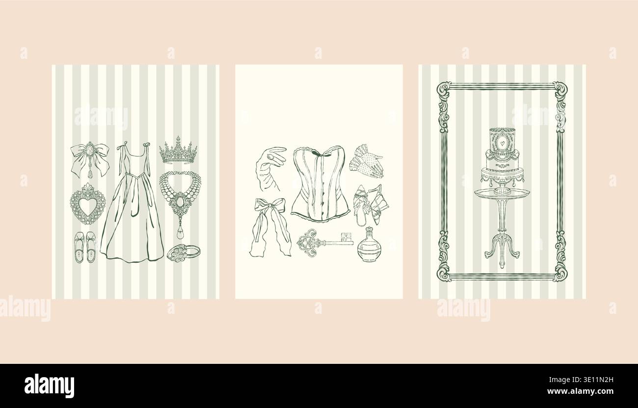 Un ensemble de modèles de cartes postales avec des accessoires de mariage vintage pour femmes. Une collection d'invitations et d'affiches dans les styles rococo et baroque. Costume et intérieur historiques pour femmes. Illustration vectorielle en vert. Illustration de Vecteur