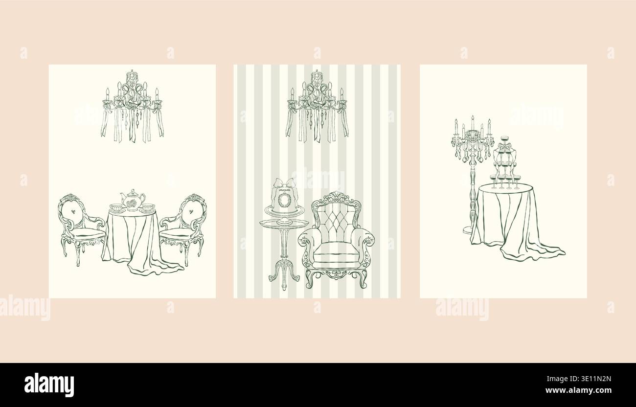 Un ensemble de modèles de cartes postales présentant des illustrations vintage des fêtes d'intérieurs victoriens. Une collection d'invitations de mariage dans les styles rococo et baroque. Mobilier classique antique. Illustration vectorielle dessinée à la main en vert. Illustration de Vecteur