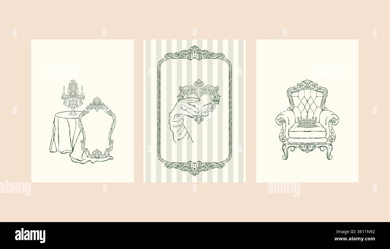 Un ensemble de modèles de cartes postales présentant des illustrations vintage des fêtes d'intérieurs victoriens. Une collection d'invitations de mariage dans les styles rococo et baroque. Mobilier classique antique. Illustration vectorielle dessinée à la main en vert. Illustration de Vecteur