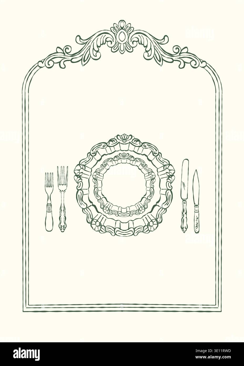 Une carte postale vintage, un menu ou un modèle d'invitation avec des couverts vintage et un cadre de style victorien. Une affiche de mariage avec espace pour le texte dans les styles rococo et baroque. Illustration vectorielle en vert. Illustration de Vecteur