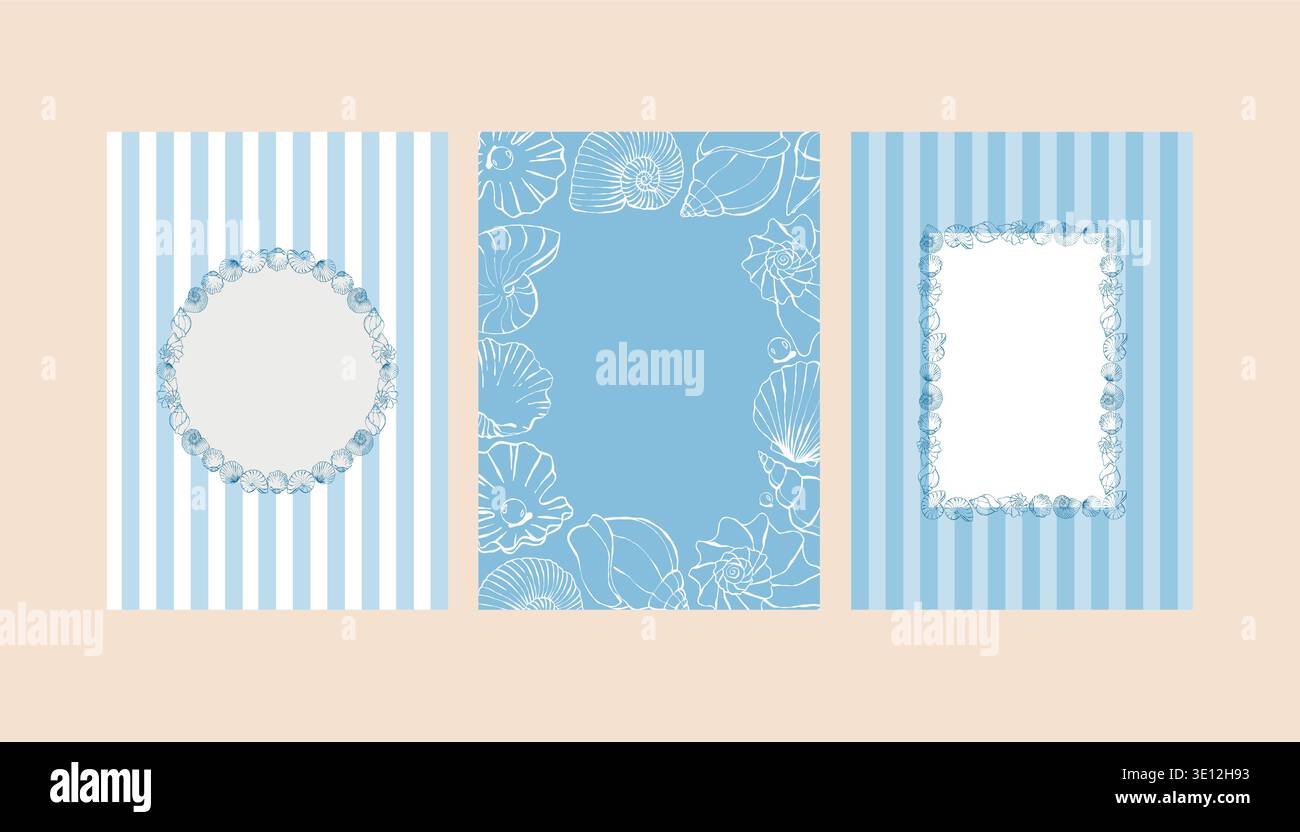 Un ensemble de modèles de cartes bleues fantaisistes présentant des coquillages et des cadres dessinés à la main. Invitations et affiches avec rayures nautiques. Modèles pour invitations de mariage, cartes de vœux, ou conceptions de vacances dans un style côtier. Illustration vectorielle. Illustration de Vecteur