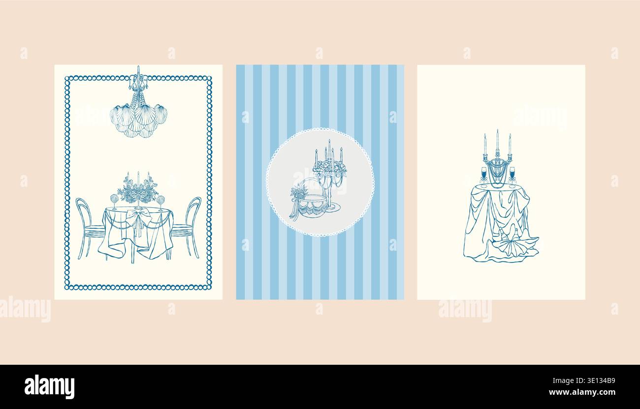Un ensemble de modèles de cartes postales vintage présentant un dîner romantique. Bougies, arcs, lustre, coquillages et décoration sur le thème nautique. Illustrations vectorielles au trait pour mariages, vacances et fêtes sur le thème côtier. Illustration de Vecteur