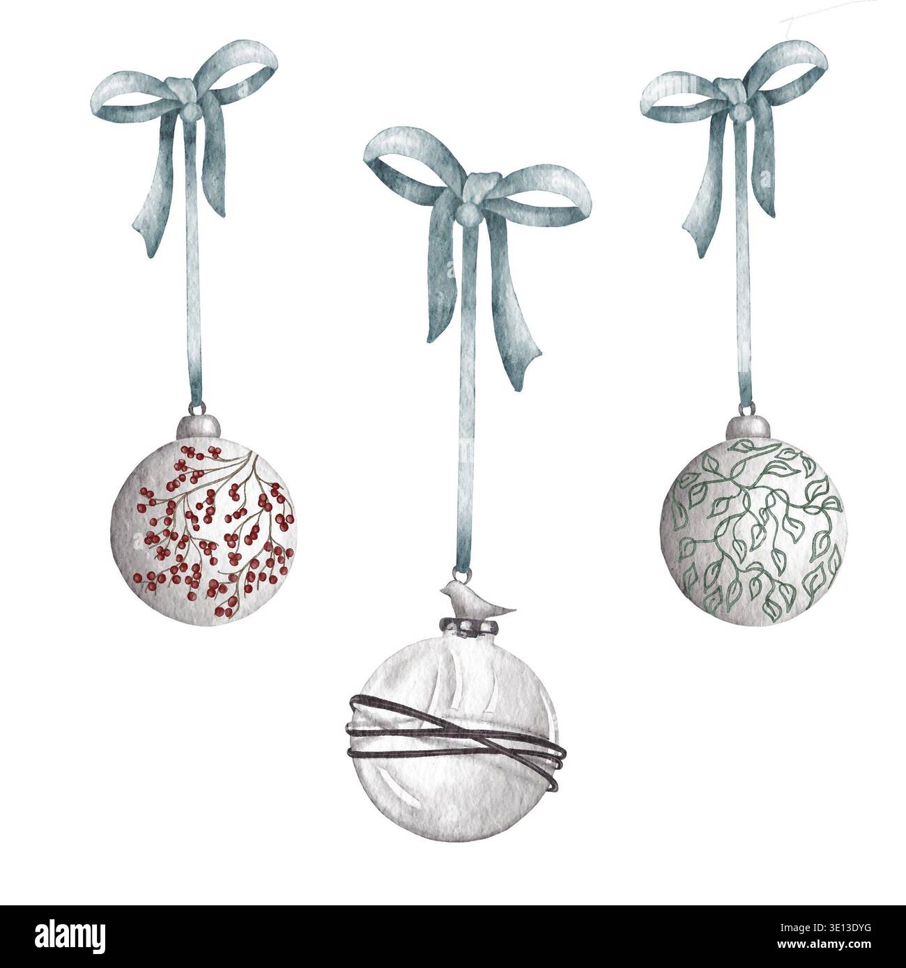 Ensemble sapin de Noël décoratif à l'aquarelle. Décorations pour arbres de ferme. Jouets en verre et en bois Banque D'Images