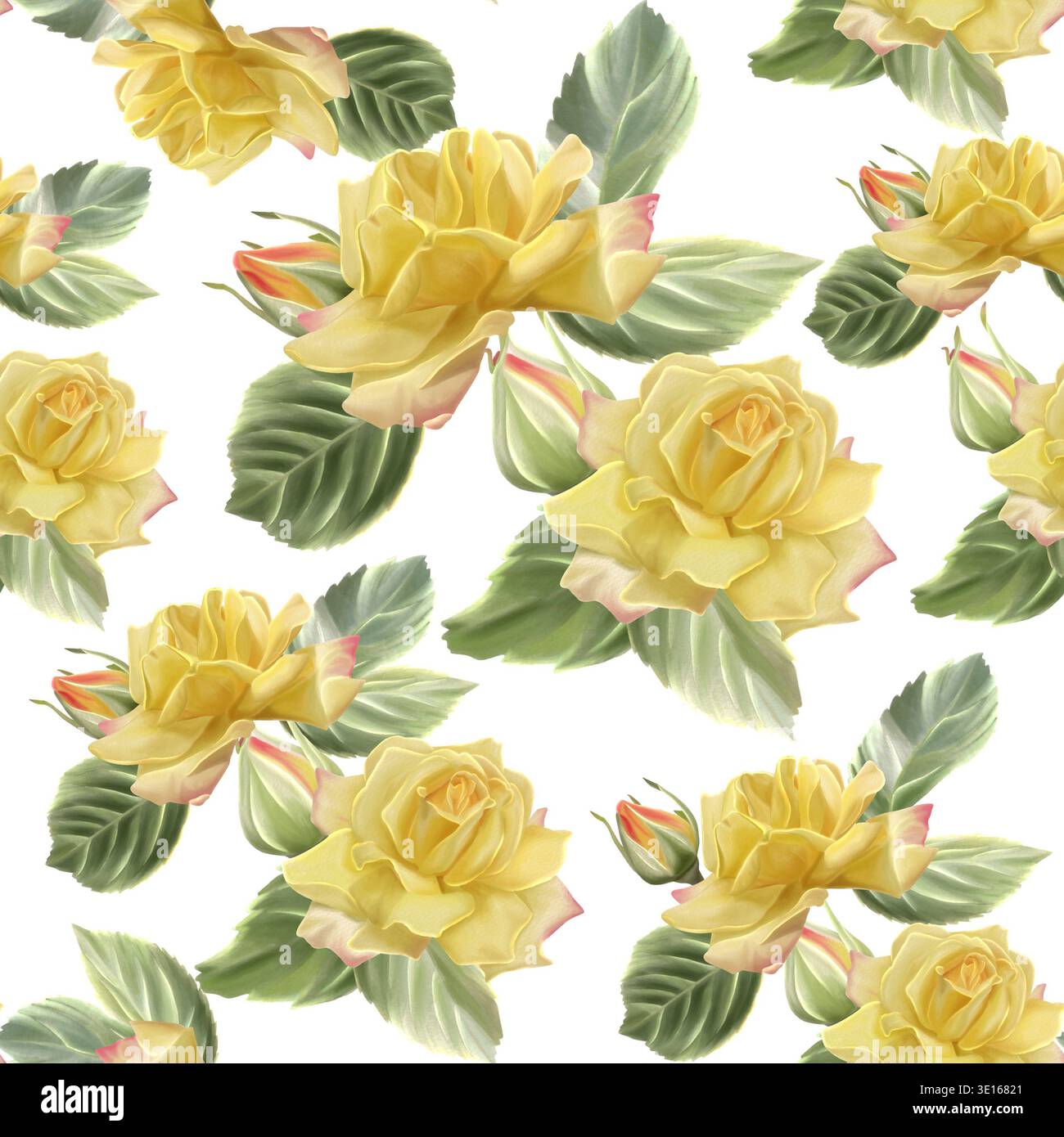 Un motif aquarelle sans couture avec des roses jaunes, des feuilles vertes luxuriantes et des bords roses, parfait pour les arrangements floraux et la décoration. Banque D'Images