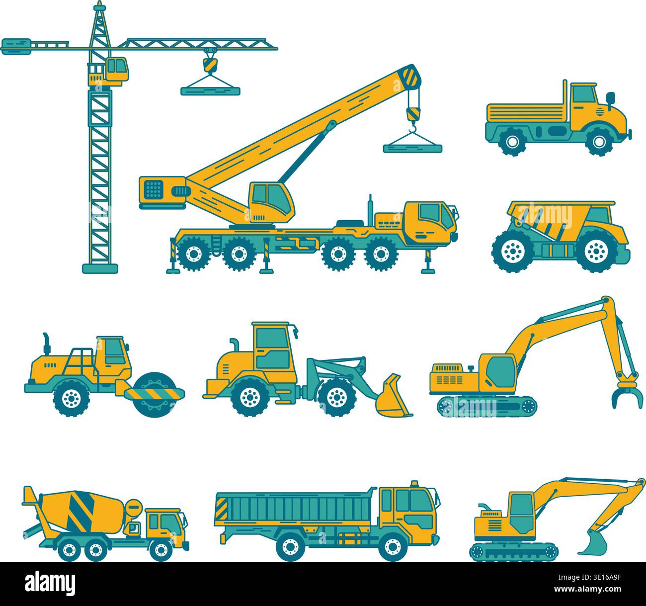 vecteur de machines de construction comprenant une grue, une pelle hydraulique, un bulldozer, un tracteur et un camion en conception plate pour l'infographie industrielle Illustration de Vecteur