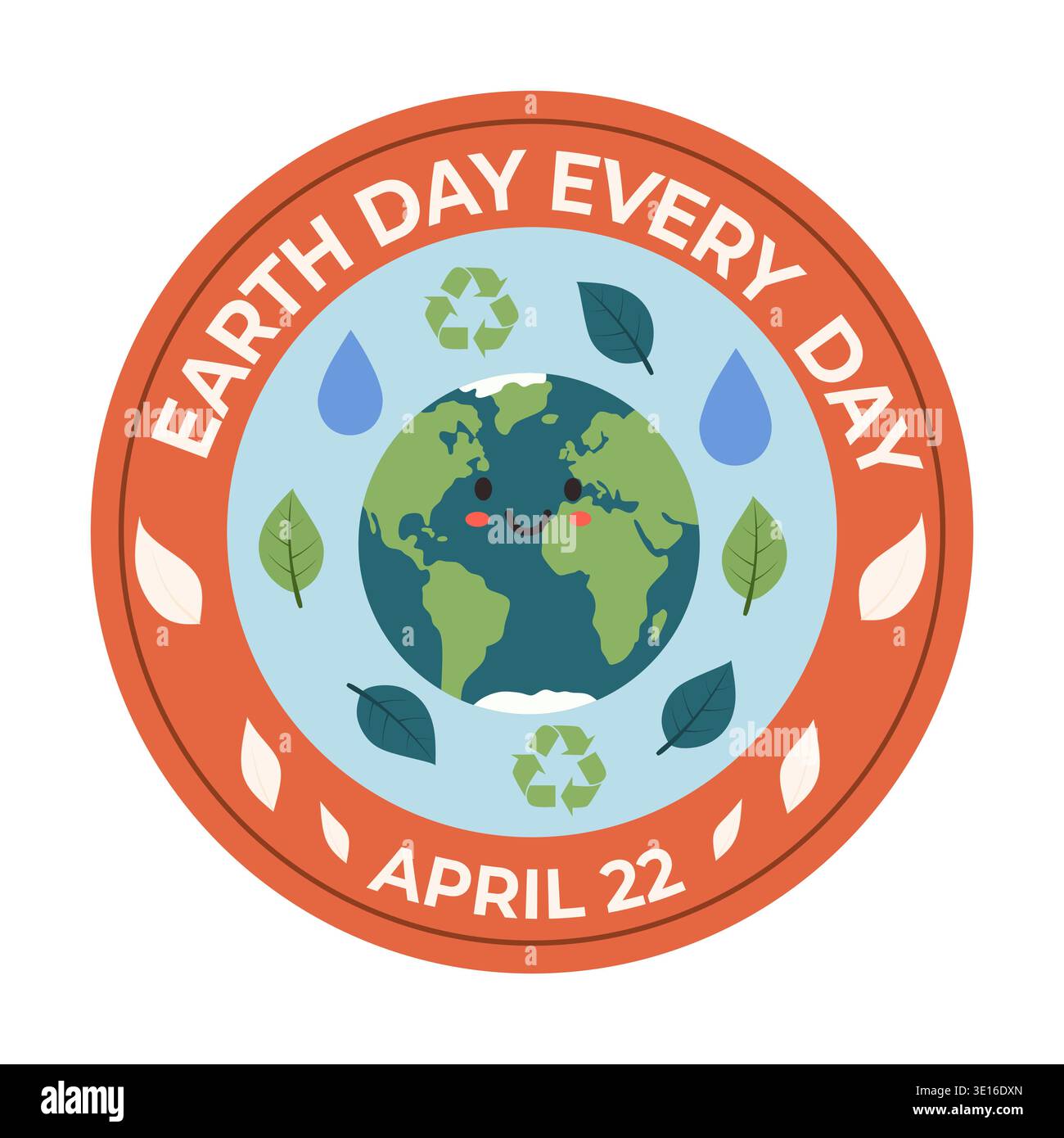 Emblème de durabilité de jour de la Terre chaque jour avec Smiling Planet et Eco Symbols Illustration de Vecteur