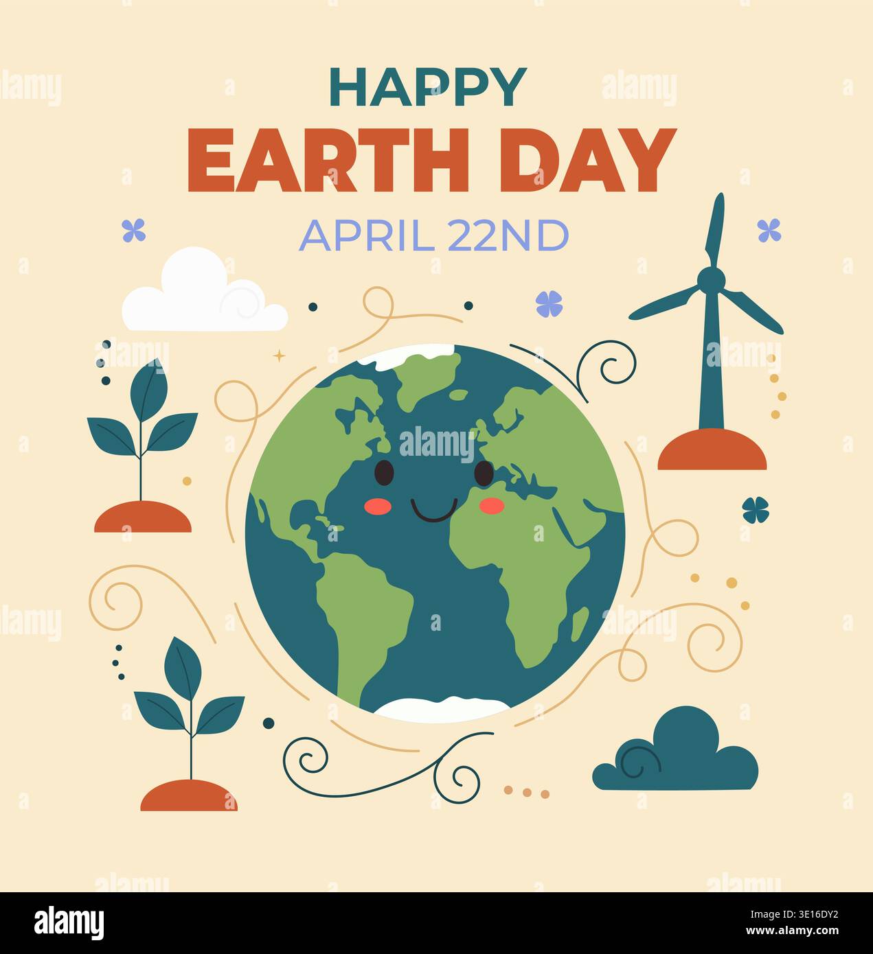 Bonne illustration du jour de la Terre avec Smiling Planet Green plants et Wind turbine Illustration de Vecteur