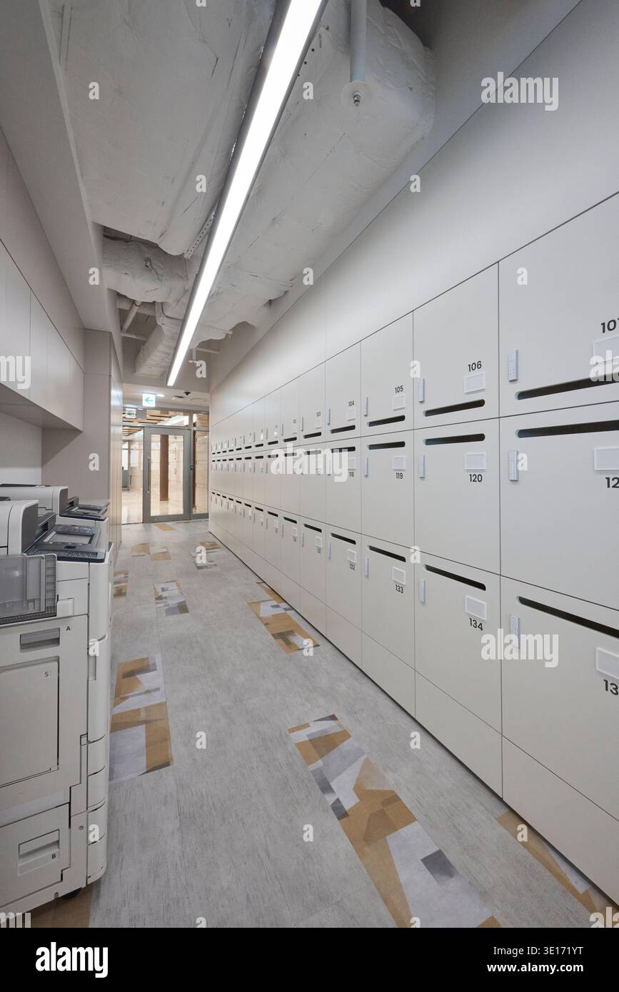 Long couloir bordé de casiers ou de boîtes aux lettres dans un bâtiment contemporain. Banque D'Images
