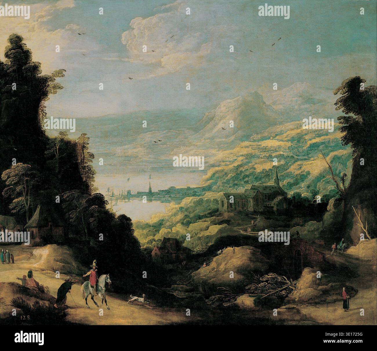 Cette captivante peinture « paysage de montagne » de l'artiste flamand Joost de Momper, créée au début du XVIIe siècle (vers 1600), présente une vue panoramique avec des montagnes spectaculaires, une ville fortifiée lointaine sur un plan d'eau et des voyageurs sur une route sinueuse. L'œuvre illustre le style très imaginatif et panoramique caractéristique de son paysage intérieur Banque D'Images