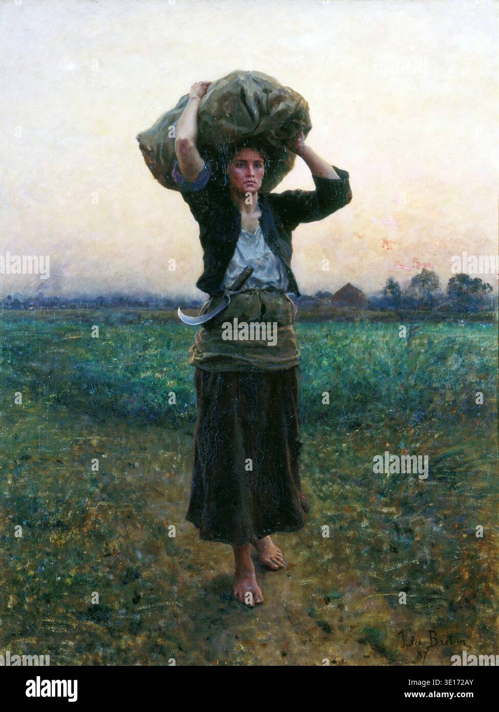 Cette peinture à l'huile de Jules Breton de 1887, intitulée 'L'étoile du berger', représente une femme pieds nus portant un lourd fardeau sur sa tête à travers un vaste champ au crépuscule. L'œuvre d'art réaliste capture le sombre labeur de la vie paysanne avec un mélange de naturalisme et d'atmosphère mélancolique. Banque D'Images