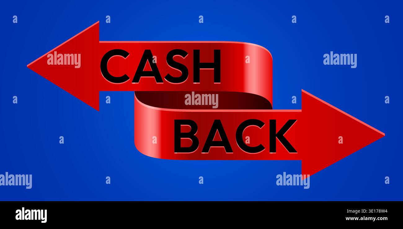 Flèche de ruban rouge vif affichant le texte Cash Back sur fond bleu, symbolisant les rendements financiers. Illustration vectorielle Illustration de Vecteur
