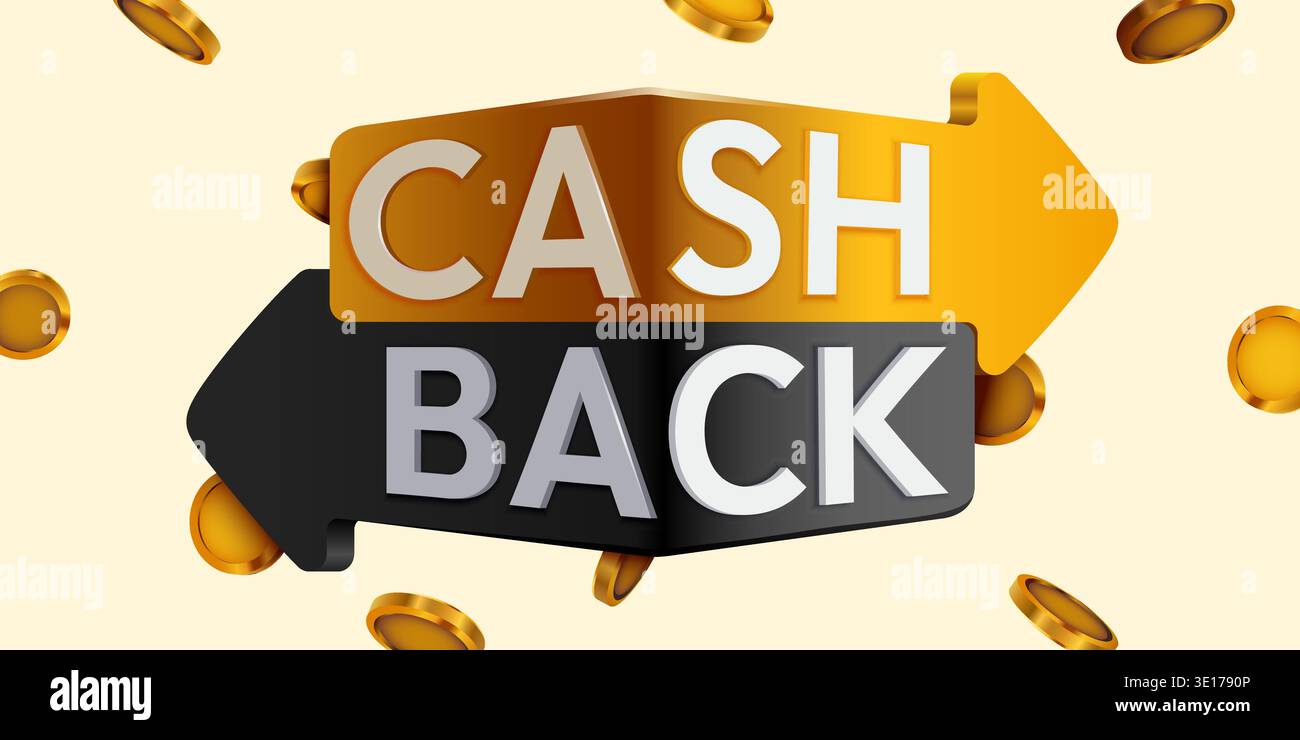 Signe dynamique 3D Cash Back avec des pièces d'or, soulignant les récompenses financières sur un fond clair. Illustration vectorielle. Illustration de Vecteur