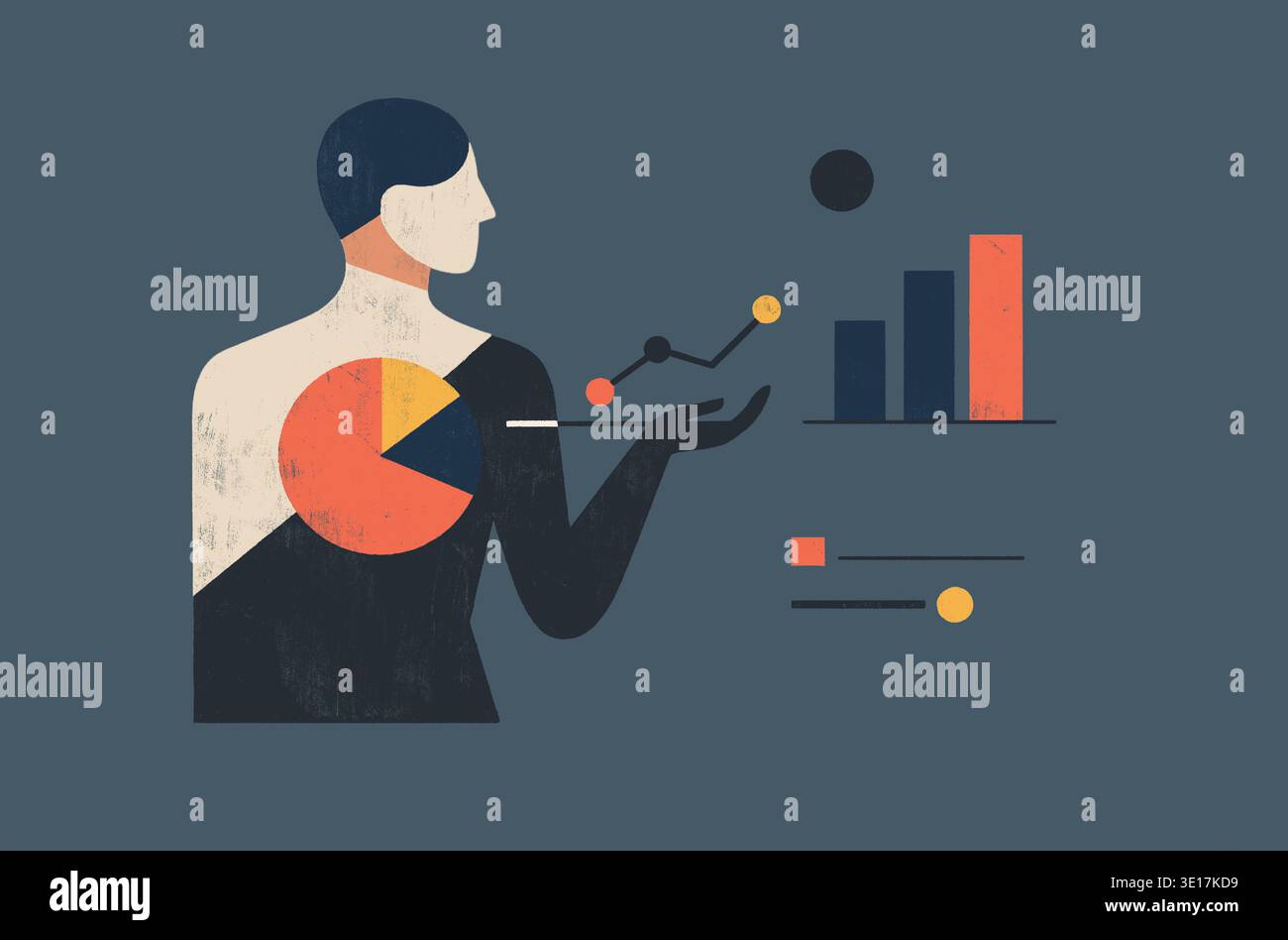 Illustration abstraite d'une personne rendue avec des formes géométriques et des graphiques, symbolisant les concepts d'analyse de données et de business intelligence dans un Banque D'Images