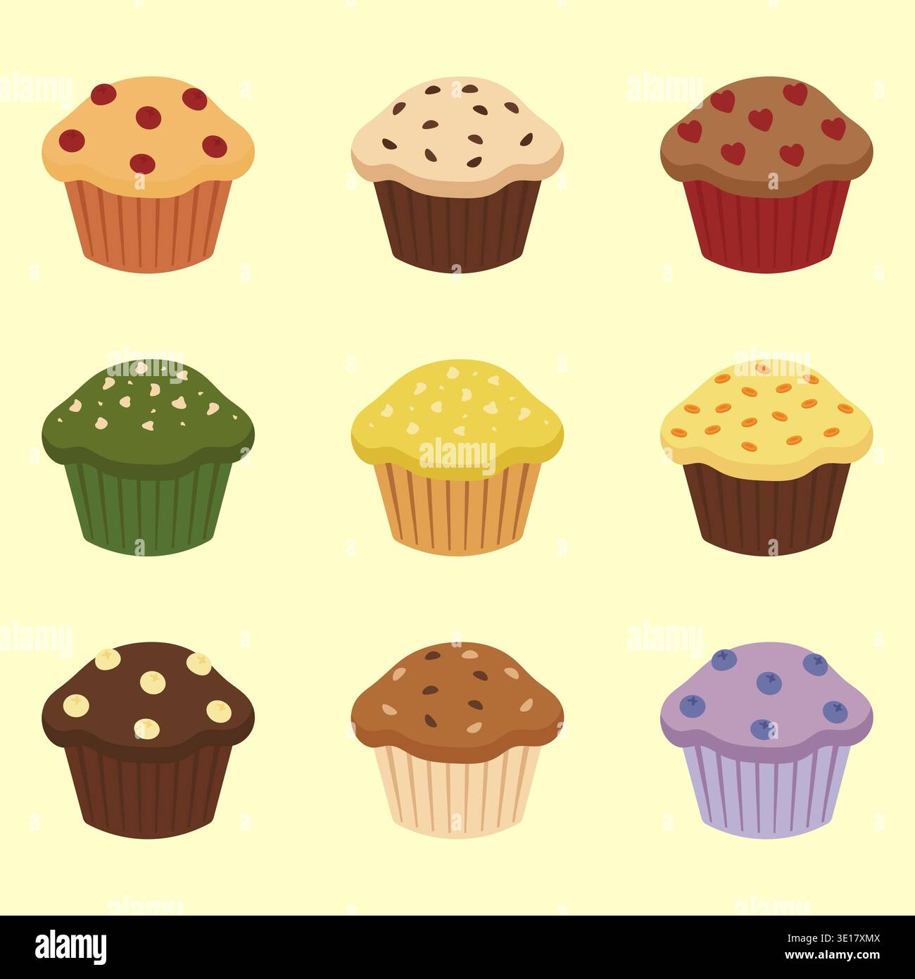Collection de cupcakes et muffins sucrés avec illustration vectorielle de saveurs différentes. Illustration de Vecteur