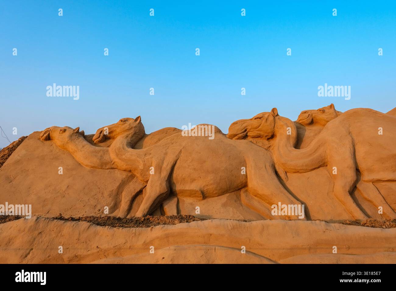 Des sculptures détaillées de plusieurs chameaux d'art sur sable sont présentées dans une rangée contre un ciel bleu clair lors de la Foire annuelle du chameau de Pushkar. Banque D'Images