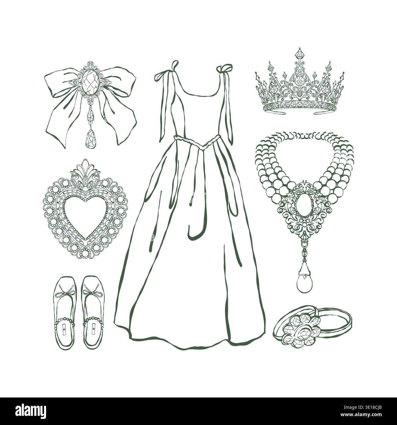 Un ensemble d'accessoires de mariage vintage pour femmes. Robe, chaussures, noeuds, couronne, collier, bague, broche. Une collection d'illustrations dans les styles rococo et baroque. Costume historique pour femme. Clipart de contour vectoriel en vert. Illustration de Vecteur