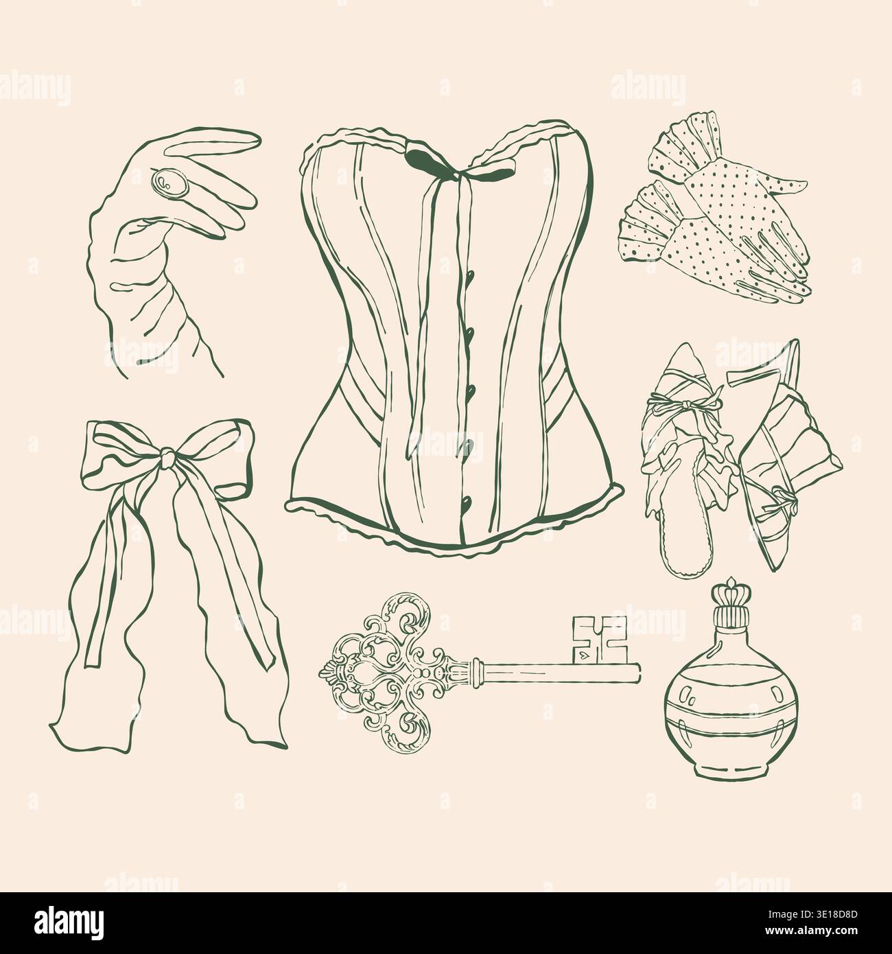 Un ensemble d'accessoires vintage pour femmes. Corset, gants, arcs, parfum, clé, chaussures. Une collection d'illustrations dans les styles rococo et baroque. Costume historique pour femme. Clipart de contour vectoriel en vert. Illustration de Vecteur
