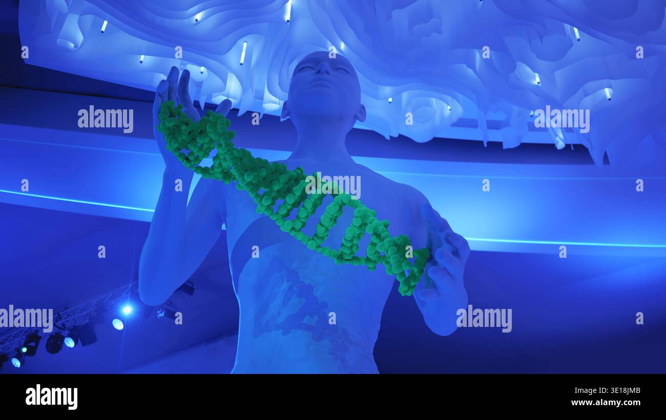 Figure humaine tenant un brin d'ADN dans une exposition scientifique illuminée en bleu Banque D'Images