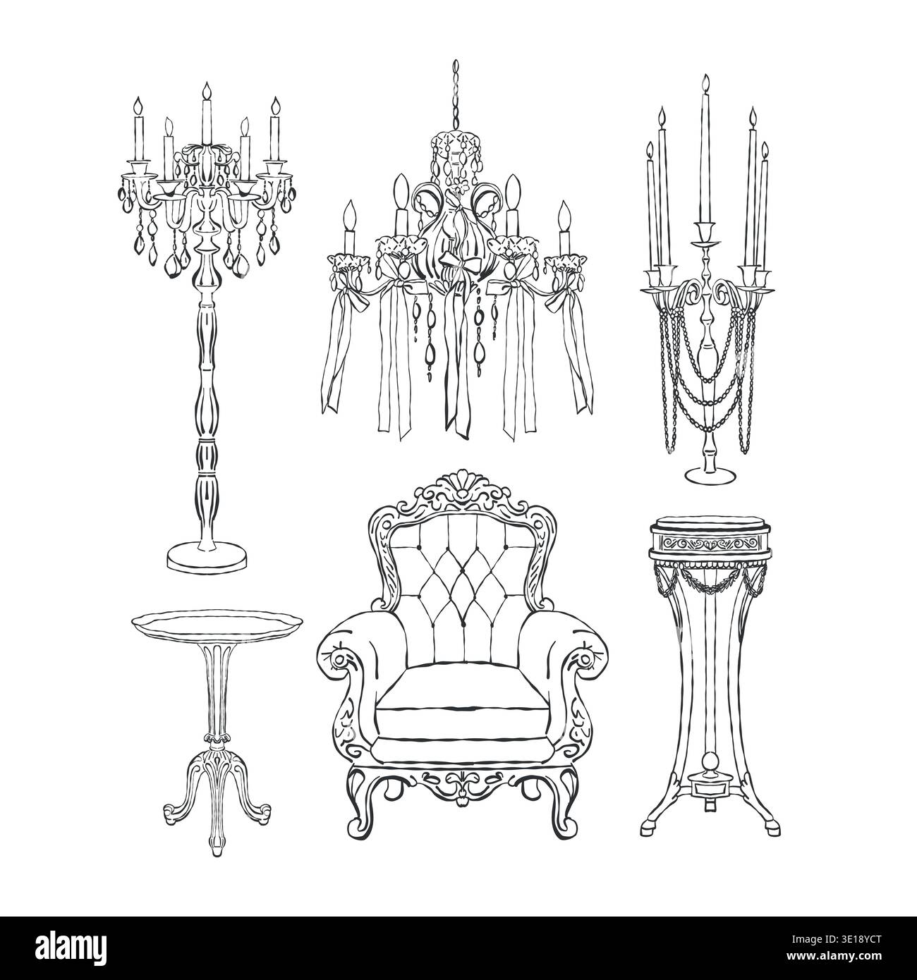 Un ensemble d'illustrations de meubles victoriens vintage. Une collection de tables classiques, fauteuils, candélabres, lampadaire et un lustre dans les styles rococo et baroque. Mobilier classique antique. Illustration vectorielle dessinée à la main en noir. Illustration de Vecteur