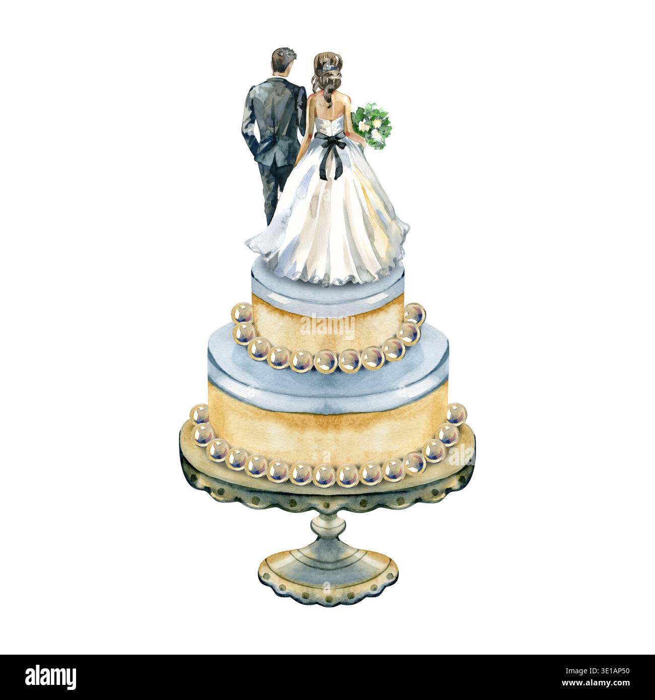 Illustration aquarelle élégante d'un gâteau de mariage à trois niveaux sur un stand vintage, mettant en vedette un topper de mariée et marié et des perles comestibles. Une main romantique Banque D'Images