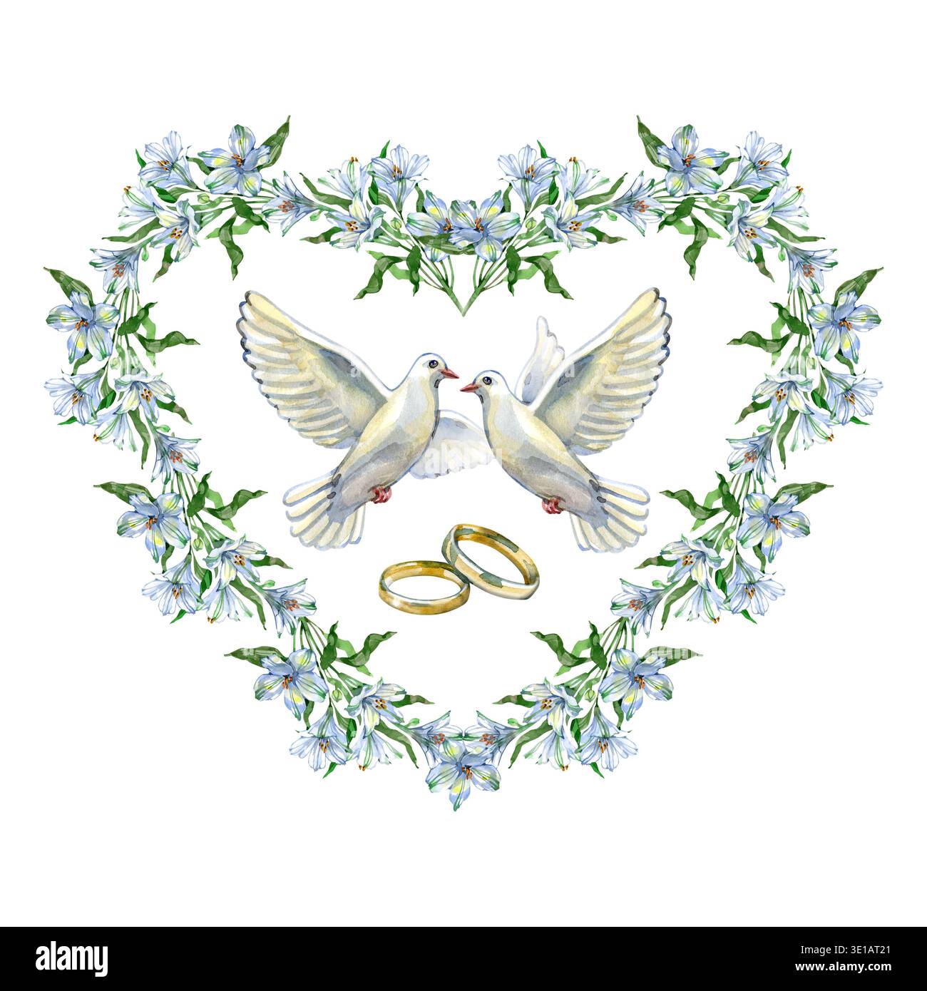 Illustration aquarelle élégante avec deux colombes blanches, des anneaux de mariage dorés et une couronne en forme de coeur de fleurs bleues. Un romantique peint à la main Banque D'Images