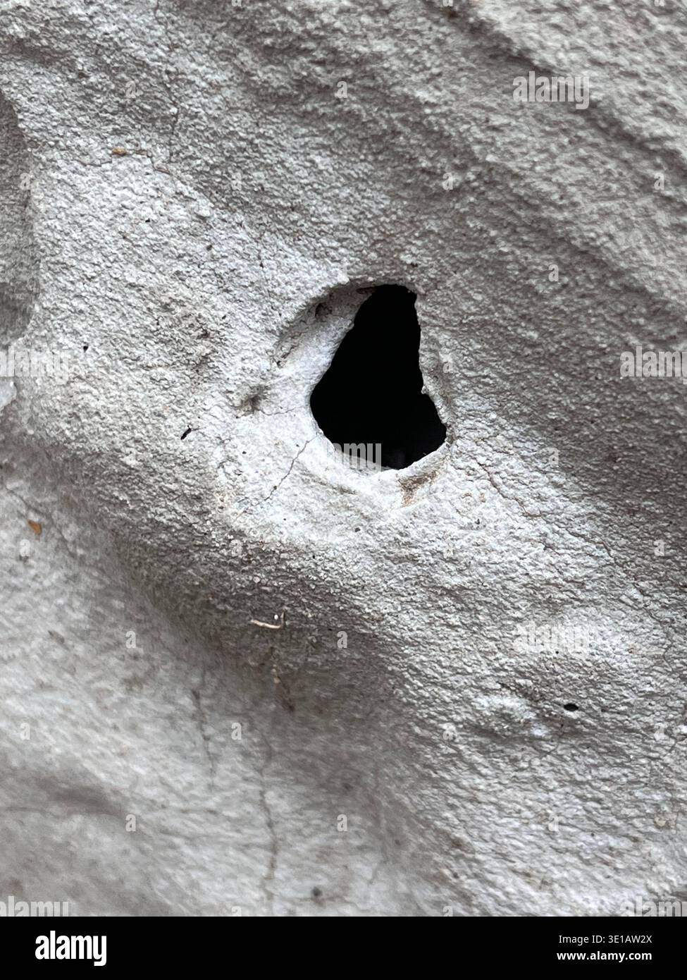 Gros plan d'un petit trou dans la surface rugueuse du mur en béton. Texture abstraite minimale avec espace de copie, fond de surface endommagé industriel. - Image de stock capturée avec un smartphone
