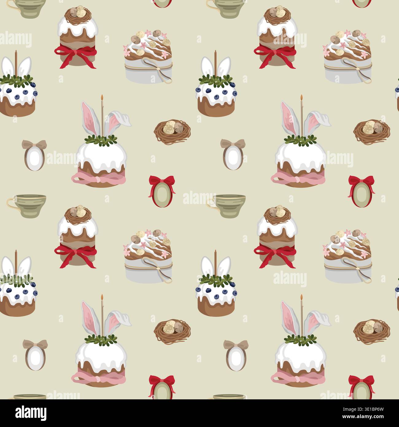 Gâteaux de Pâques dessinés à la main modèle sans couture avec tasses à thé, nid d'oiseaux et œufs teints de Pâques, vacances de Pâques et fond de printemps Illustration de Vecteur