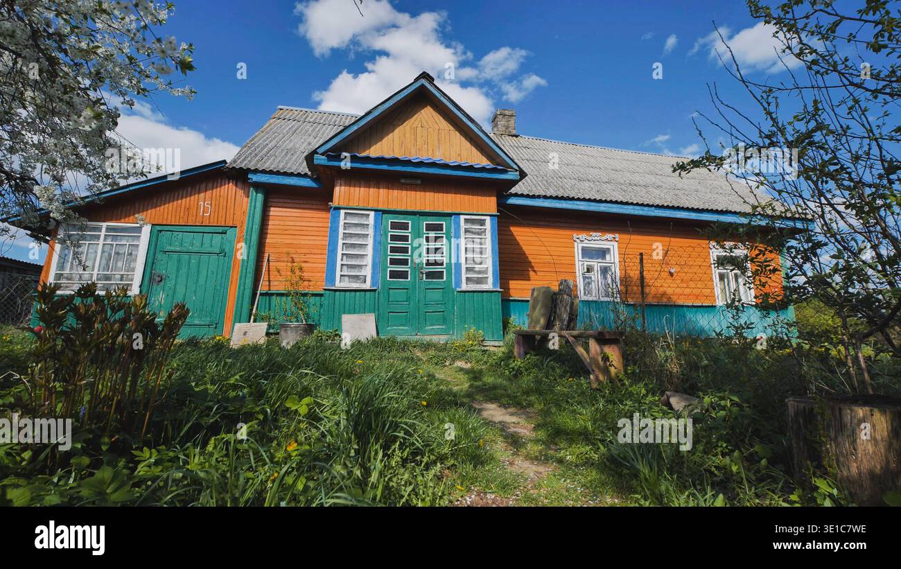 Arbres en fleurs entourant la maison traditionnelle en bois dans le village ukrainien au printemps Banque D'Images