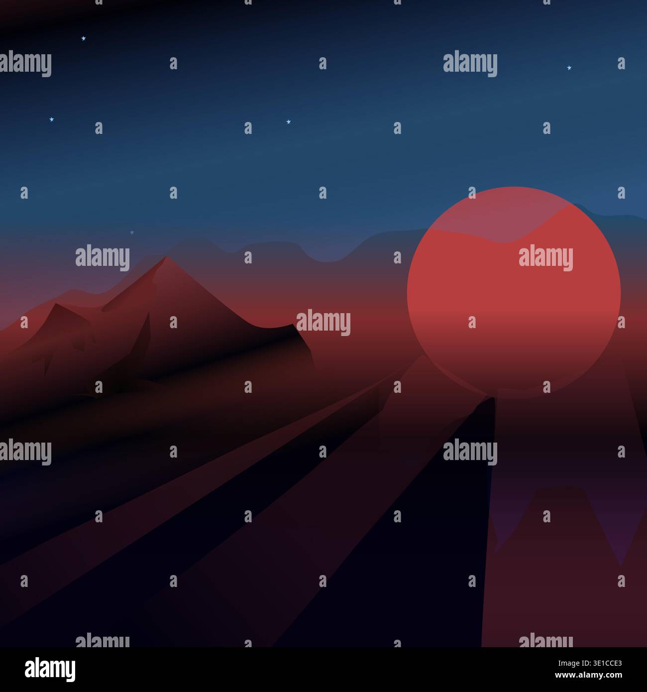 Fond stylisé poussiéreux une autre planète lever de soleil en terrain montagneux. Illustration vectorielle d'un coucher de soleil extraterrestre ou d'un lever de soleil avec des rayons du soleil rouge. Si vous zoomez sur le sommet de l'une des montagnes, vous pouvez voir un bateau volant ramasser une personne à bord. Illustration de Vecteur