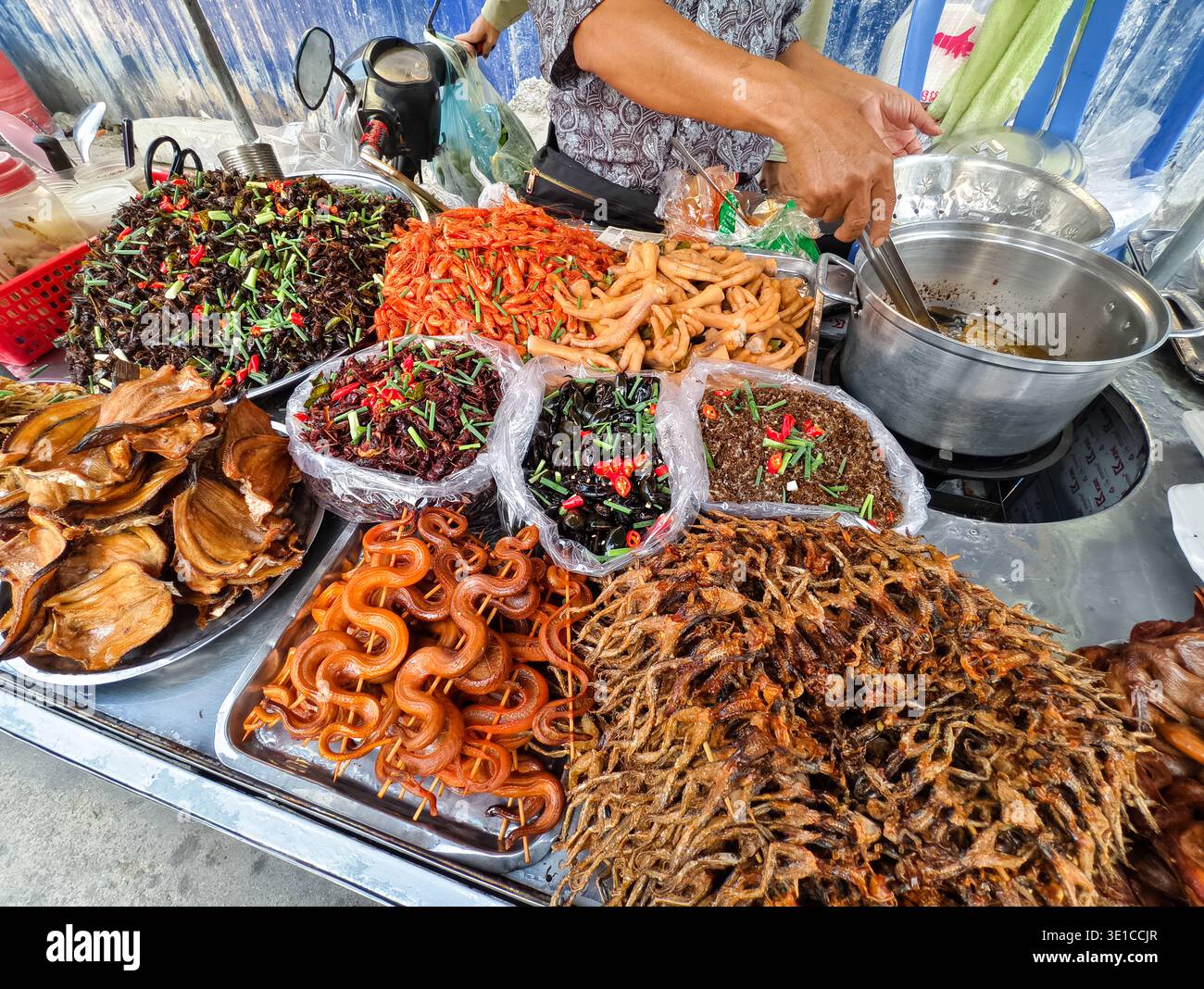 Vendeur de nourriture de rue au Cambodge vendant une variété d'aliments exotiques frits, assortiment d'insectes frits, sauterelles et coléoptères, serpent séché. Phnom Penh Banque D'Images