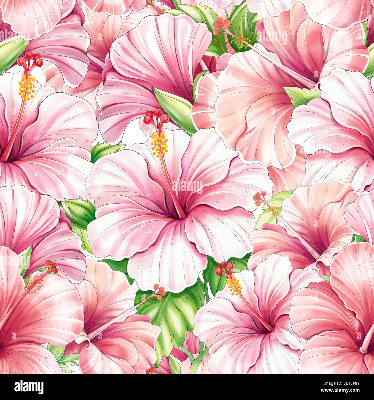 Papier peint aquarelle à motif répétitif d'hibiscus tropical, ornement de fleurs de fleur Banque D'Images