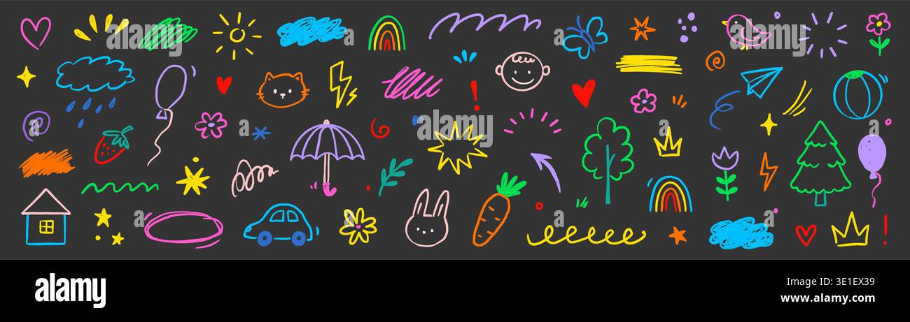 Ensemble d'éléments enfantins pour bébé mignon pour enfant. Cute Kid School doodle sketch arc-en-ciel, soleil, fond de nuage. Icônes de dessin animé préscolaire pour enfants avec visage heureux, maison, arbre, oiseau et cœur. Illustration vectorielle Illustration de Vecteur