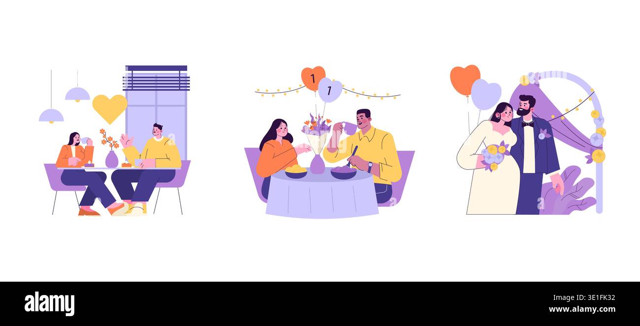 Ensemble d'illustration vectorielle mettant en vedette des couples dans différentes célébrations romantiques. Comprend une date décontractée, un toast d'anniversaire et un moment de mariage. Idéal pour les thèmes de l'amour et des relations. Illustration de Vecteur