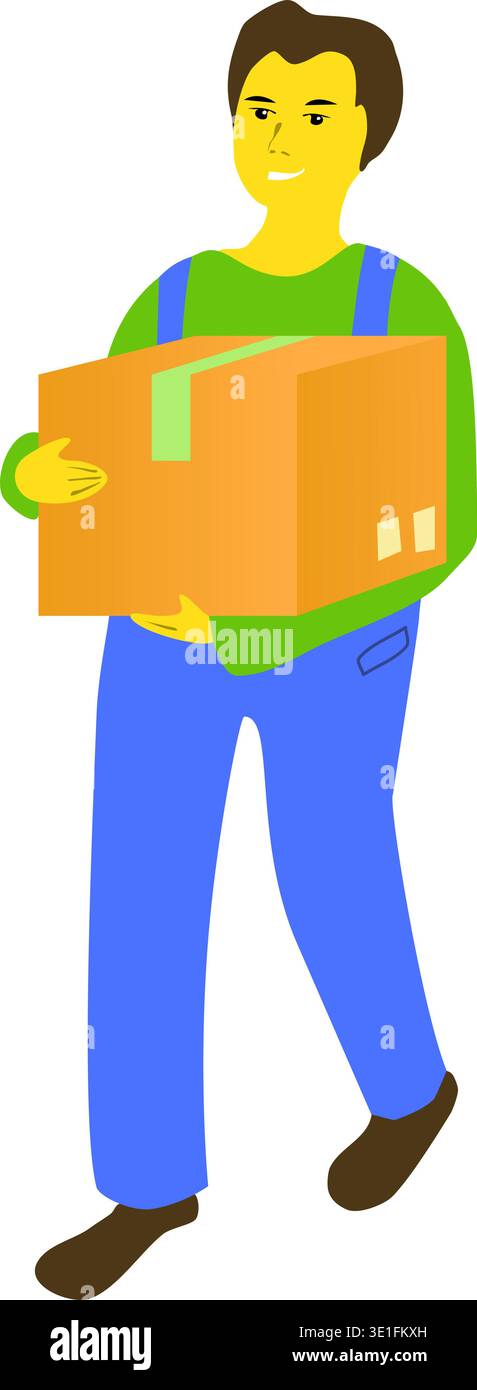 Un homme en uniforme a livré une boîte par colis. Illustration vectorielle Un homme dans un uniforme bleu se déplace dans une direction de droite à gauche et de haut en bas Illustration de Vecteur