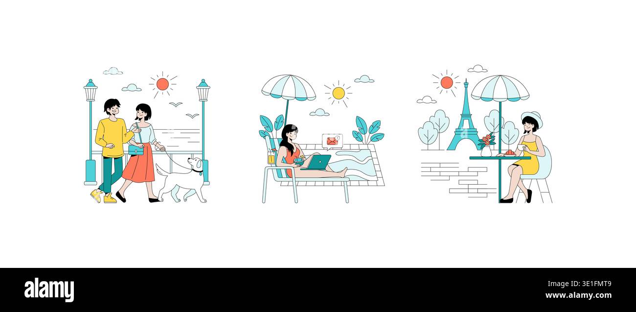 Illustration vectorielle d'un couple promenant joyeusement un chien, une femme se relaxant au bord d'une piscine avec un ordinateur portable, et un autre appréciant un café dans un café en plein air avec des monuments emblématiques à proximité. Illustration de Vecteur