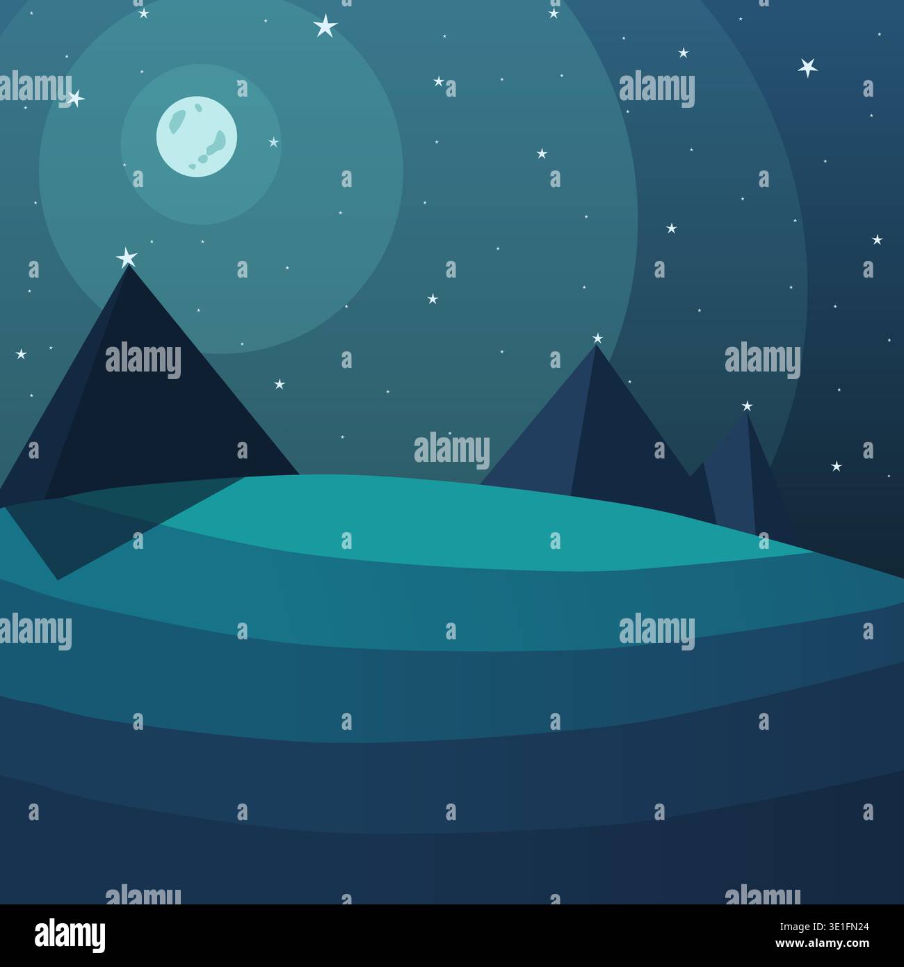 pyramides sur le fond du ciel nocturne et une lune ronde. Illustration vectorielle paysage de nuit avec des étoiles. image rayée stylisée art dans une couleur fraîche Illustration de Vecteur