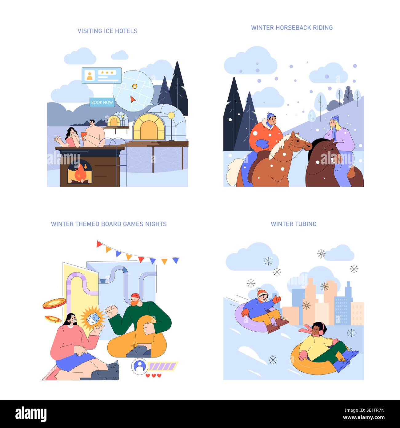 Une collection d'illustrations vectorielles représentant diverses activités hivernales. Inclut des scènes de visites d'hôtels de glace, d'équitation hivernale, de soirées de jeux de société confortables et de tubing aventureux dans des environnements enneigés. Illustration de Vecteur