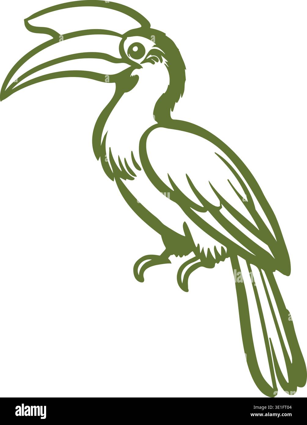 Illustration de ligne détaillée d'un oiseau tropical à bec long debout en vue de côté avec un bec courbé et des plumes de queue étendues. Illustration de Vecteur