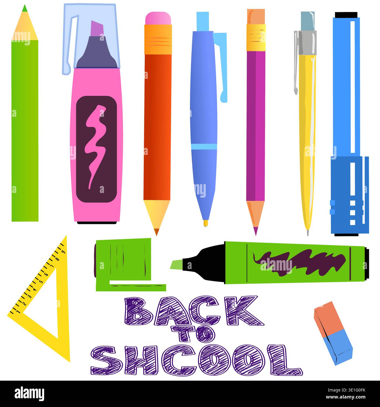 stylos, crayons et marqueurs de différentes couleurs pour les besoins scolaires et papeterie. Instruments d'écriture d'illustration vectorielle, stylos à bille, crayons, gomme Illustration de Vecteur