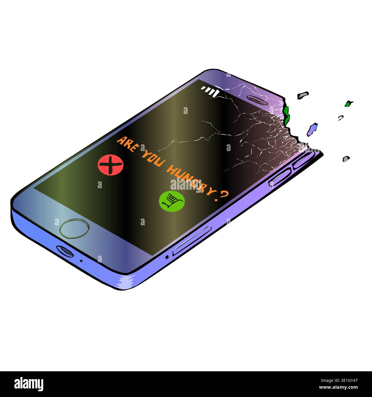 mordez le coin supérieur du smartphone. Sur l'écran, vous avez faim. et proposez de commander de la nourriture en cliquant sur le bouton panier. Illustration vectorielle o Illustration de Vecteur