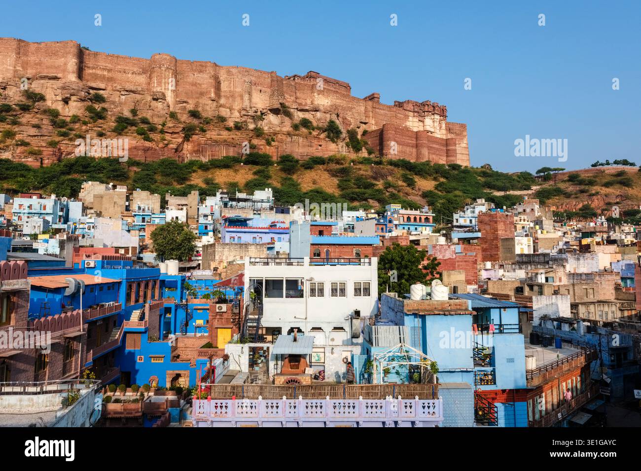 L'architecture bleue vibrante de Jodhpur offre un contraste frappant avec les falaises accidentées et la maçonnerie bronzée du fort de Mehrangarh au-dessus. Banque D'Images