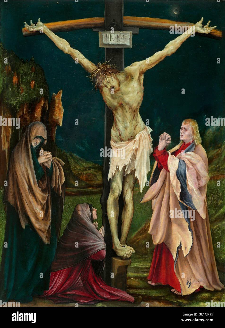 Cette peinture à l'huile chargée d'émotions, « la petite Crucifixion », de Matthias Grünewald entre 1510 et 1520, représente la souffrance brute du Christ sur la croix, flanquée des figures pleurantes de Marie, Jean et Marie Madeleine. Le réalisme intense de Grünewald et l'utilisation dramatique de la couleur sont caractéristiques du style de la Renaissance du Nord, transmettant puissamment le chagrin de la scène. Banque D'Images
