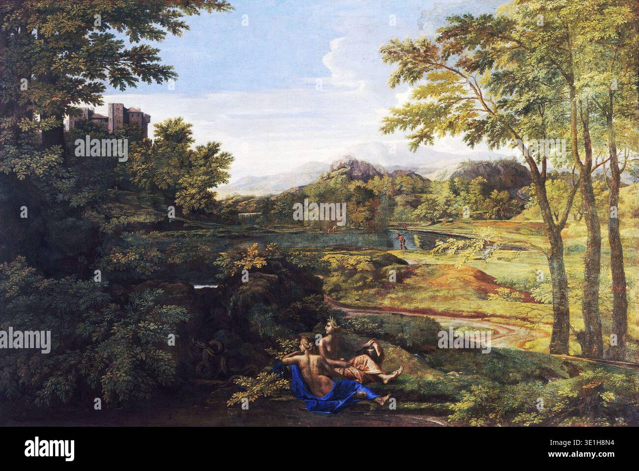 Cette peinture à l'huile du XVIIe siècle, « paysage avec deux nymphes et un Serpent », de Nicolas Poussin, représente un paysage classique serein et idéalisé. Deux nymphes inclinées sont positionnées au premier plan, avec un château lointain et des collines ondulantes complétant la scène bucolique, typique de l'œuvre de Poussin des années 1630 Banque D'Images