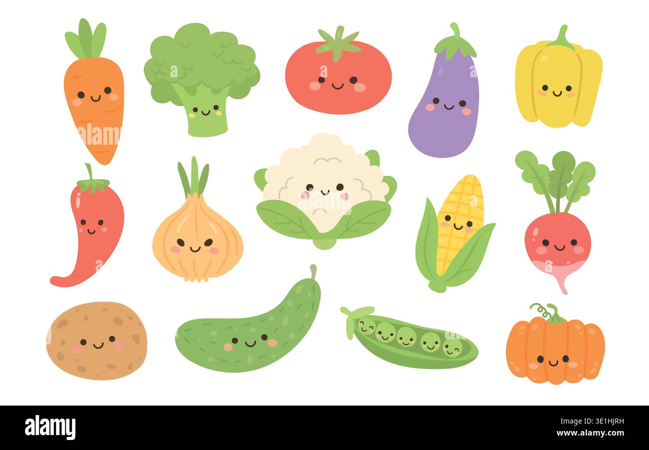 Légumes kawaii végétaux et vecteur de fruits mignon avec brocoli végétarien vert. Autocollant de personnage de dessin animé et crayon alimentaire végétal avec illustration Illustration de Vecteur