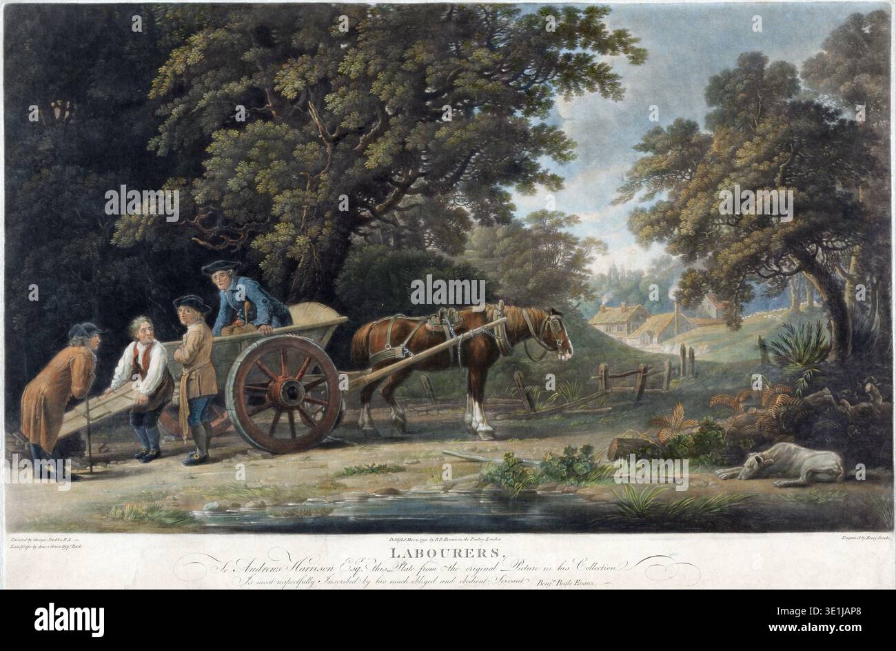 Cette gravure de 1790 de Richard Earlom, d'après une peinture de George Stubbs, représente une scène rurale avec quatre ouvriers et une charrette tirée par des chevaux près d'un ruisseau boisé. Les détails méticuleux et les couleurs douces typiques de l'art anglais du XVIIIe siècle capturent un moment de la vie quotidienne à la campagne, avec un homme reposant dans la charrette, deux hommes apparemment engagés dans la conversation, et un quatrième appuyé contre la charrette. Un chien blanc est paresseux au bord de l'eau, et les maisons sont visibles en arrière-plan. Banque D'Images