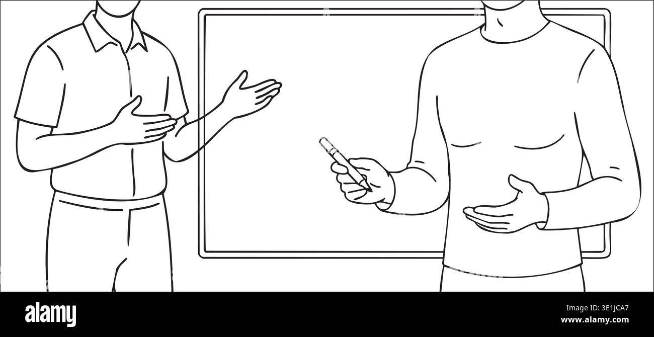Enseignant expliquant la leçon sur le tableau de la classe pendant que l'élève tient un marqueur pendant la discussion Illustration de Vecteur